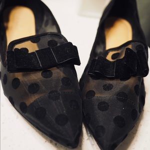 J.Crew Black Mesh Polka Dot Flats with Velvet Bow